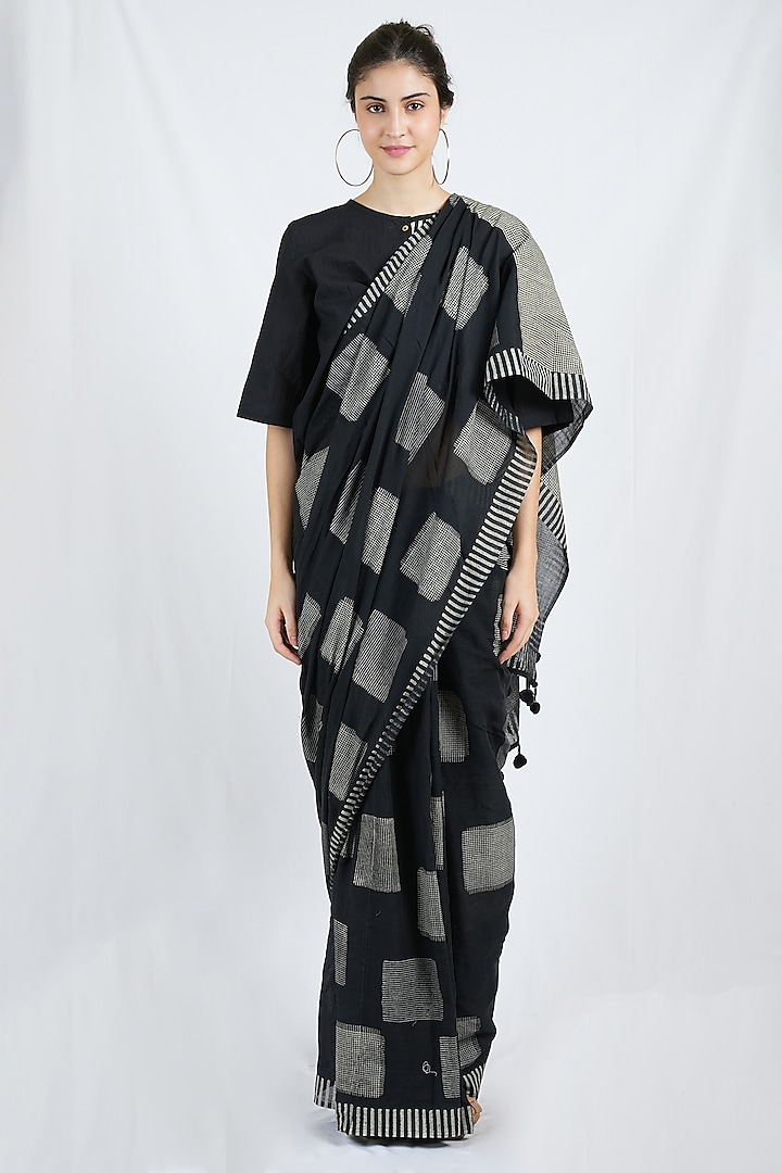 Black Cotton Block Printed Saree Set by BANANA Labs