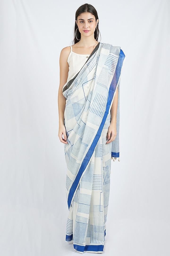 Blue Cotton Geometric Printed Saree Set by BANANA Labs