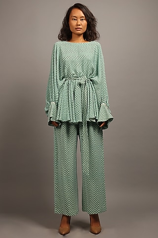 Moss Green Double Georgette Pant Set by Sailex