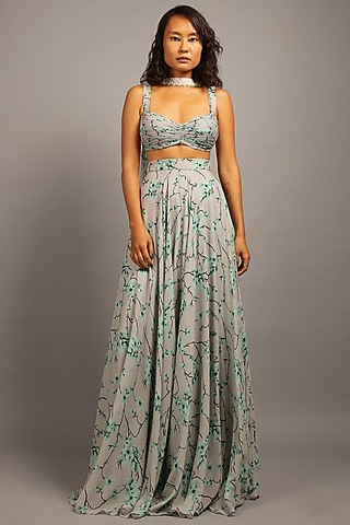 Smoky Grey Georgette Printed Lehenga Set by Sailex