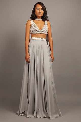 Smoke Grey Embroidered Lehenga Set by Sailex
