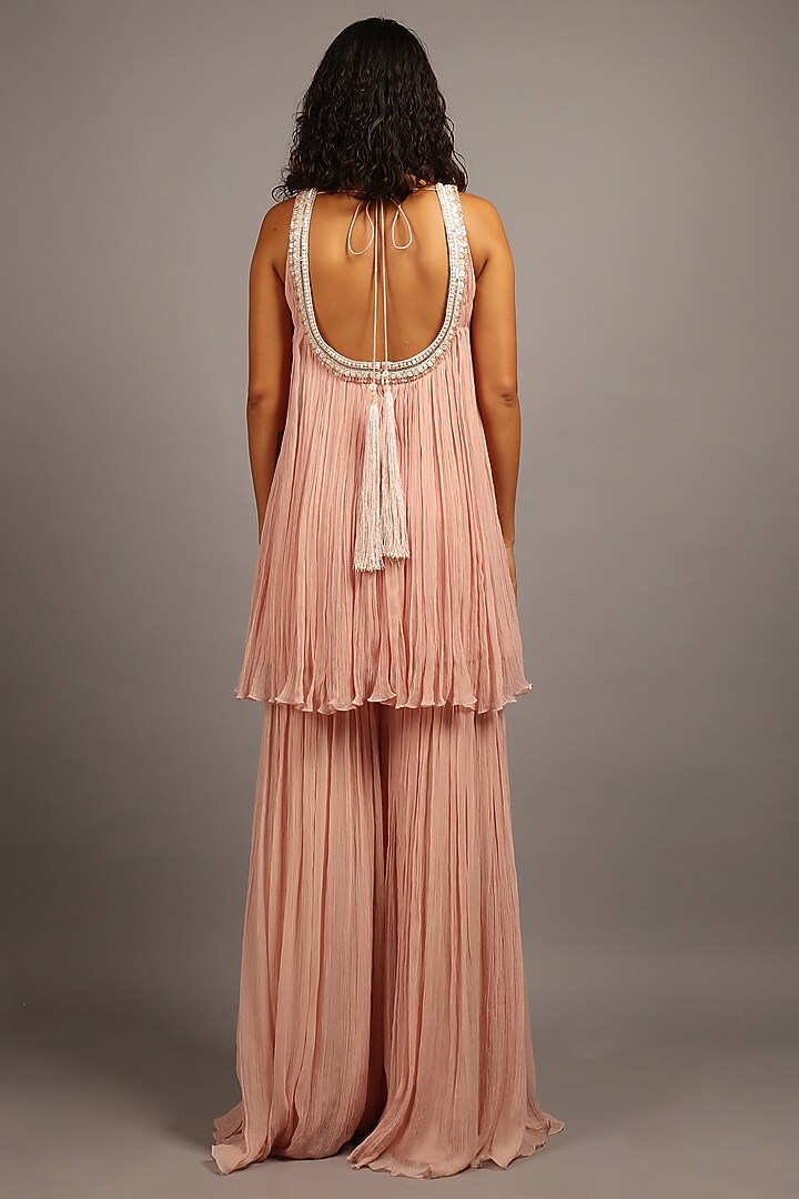 Blush Pink Crinkled Chiffon Party Wear Sharara Set by Sailex at Pernia's Pop Up Shop