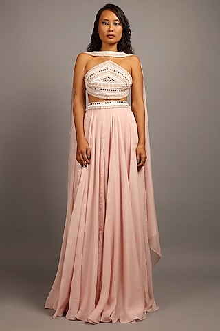 Blush Pink Flat Chiffon Lehenga Set by Sailex