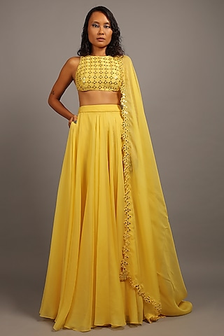 Sunshine Yellow Chanderi Silk Lehenga Set by Sailex