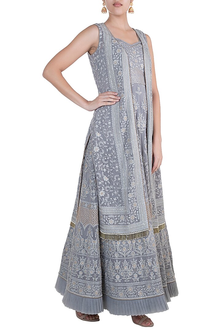 Grey Lucknowi Bustier Engagement Gown With Jacket by Sole Affair at Pernia's Pop Up Shop