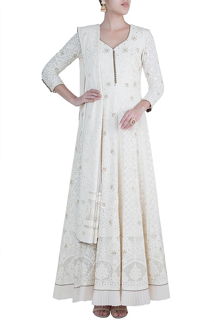 Ivory Lucknowi Wedding Anarkali Gown With Dupatta by Sole Affair at Pernia's Pop Up Shop