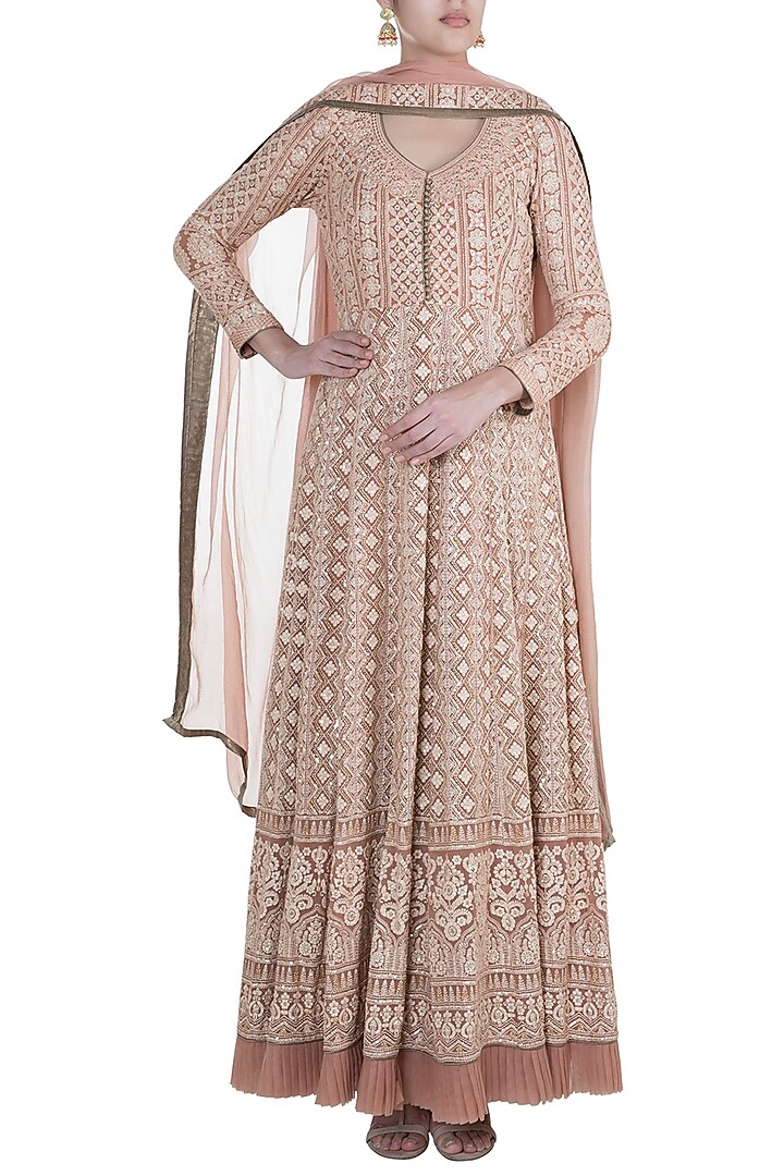 Nude Lucknowi Wedding Anarkali Kurta With Dupatta by Sole Affair at Pernia's Pop Up Shop