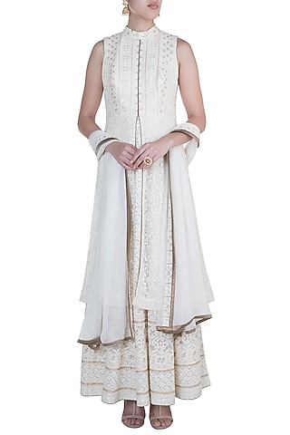 Ivory Anarkali Jacket Gown With Dupatta by Sole Affair