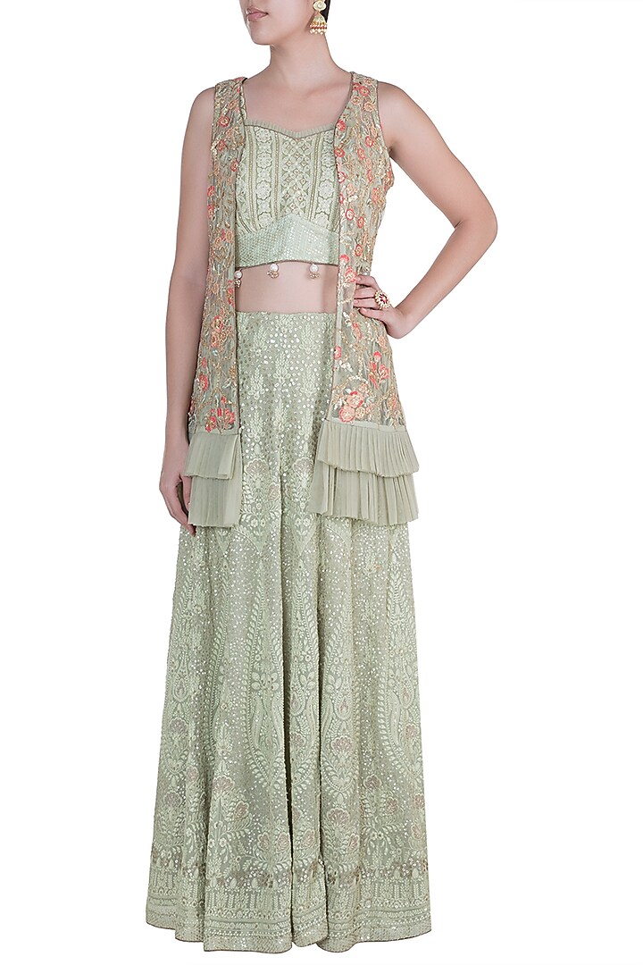 Olive Green Embroidered Jacket Wedding Lehenga Set by Sole Affair at Pernia's Pop Up Shop