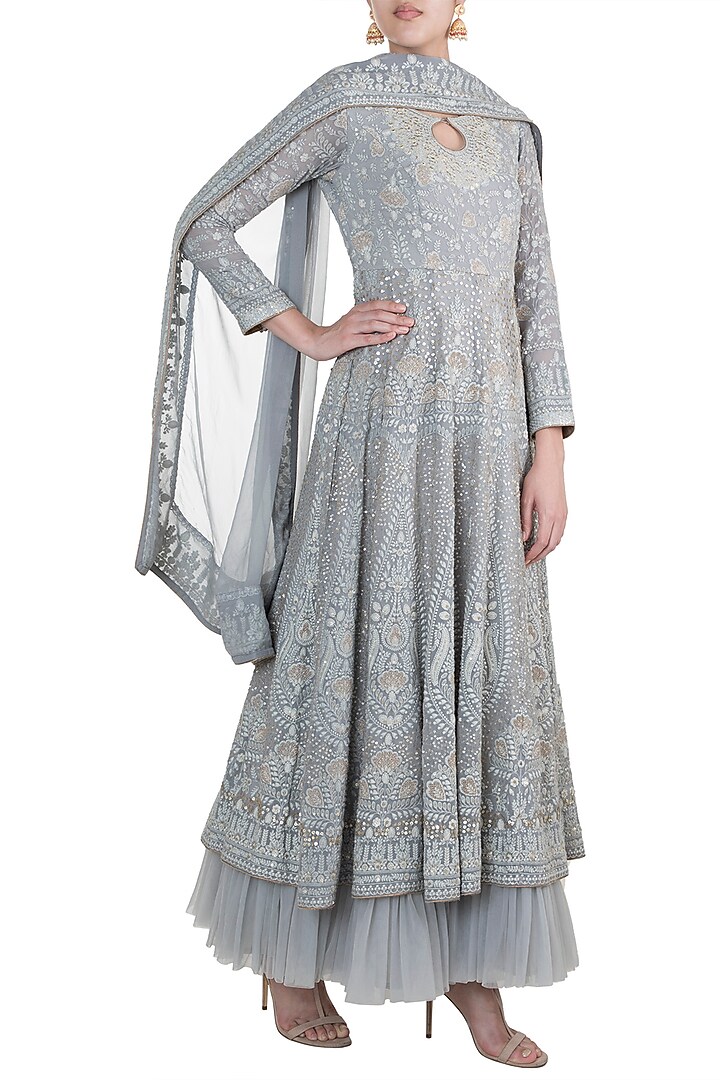 Grey Lucknowi Wedding Anarkali Gown With Dupatta by Sole Affair at Pernia's Pop Up Shop
