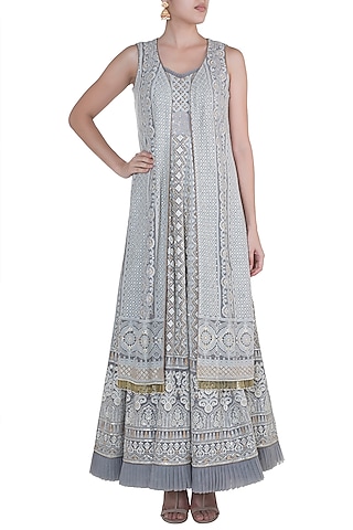 Silver Grey Lucknowi Gown With Jacket by Sole Affair