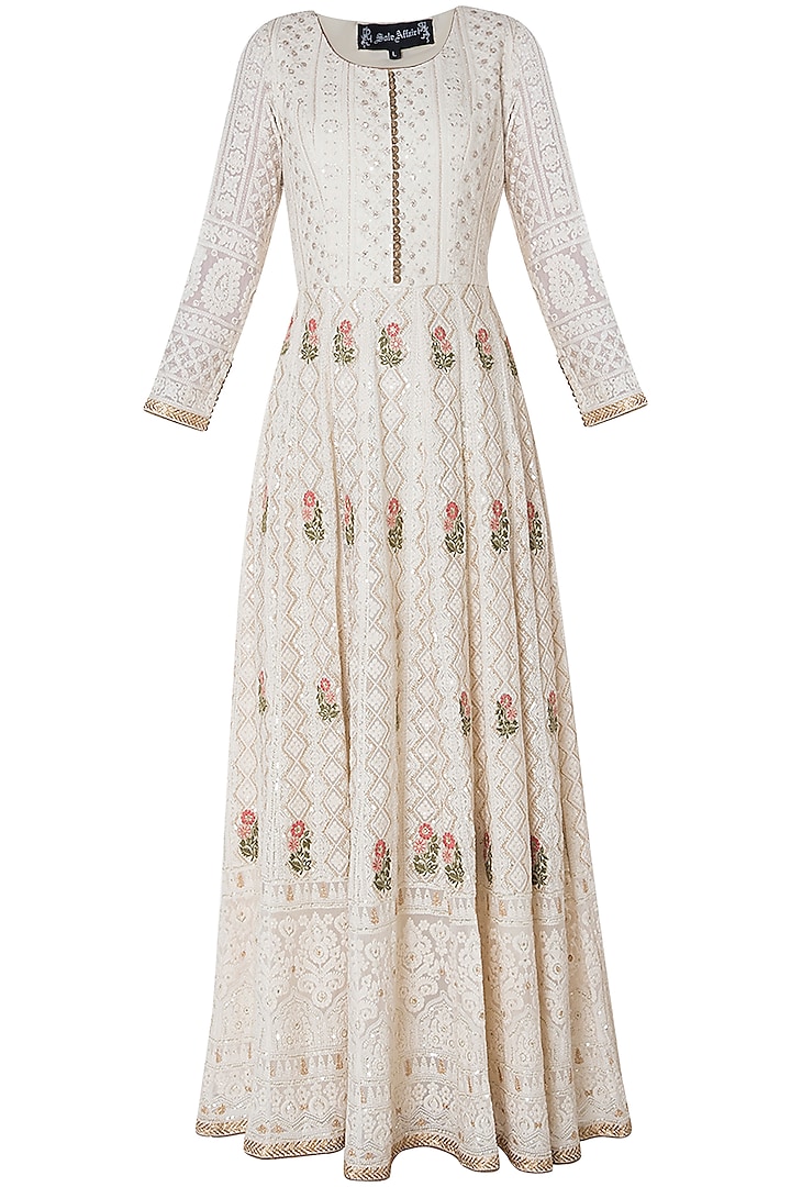 Ivory embroidered gown with dupatta by SOLE AFFAIR