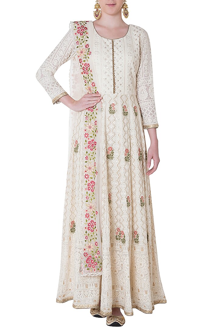 Ivory embroidered gown with dupatta available only at Pernia's Pop Up Shop.
