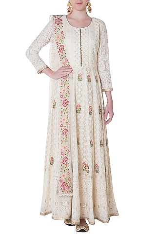 Ivory embroidered gown with dupatta by SOLE AFFAIR