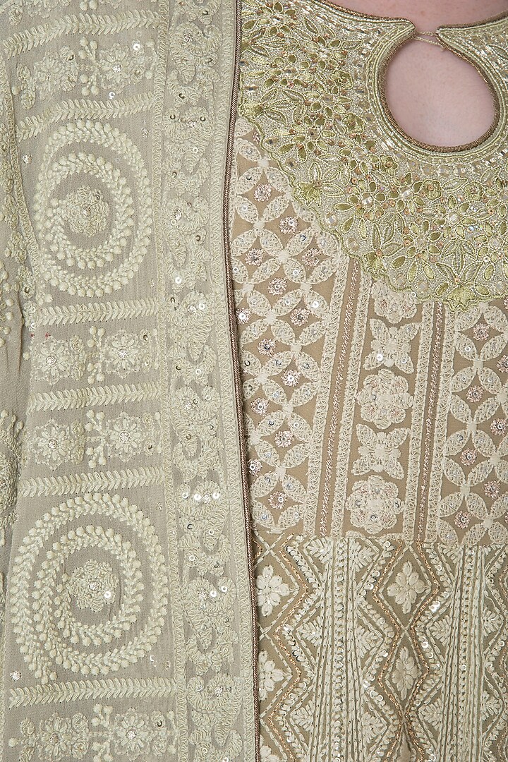 Olive embroidered gown with dupatta available only at Pernia's Pop Up Shop.