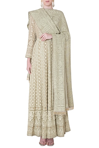 Olive embroidered gown with dupatta by SOLE AFFAIR