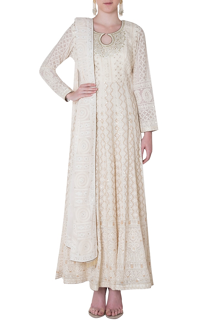 Ivory lucknowi embroidered gown with dupatta available only at Pernia's Pop Up Shop.