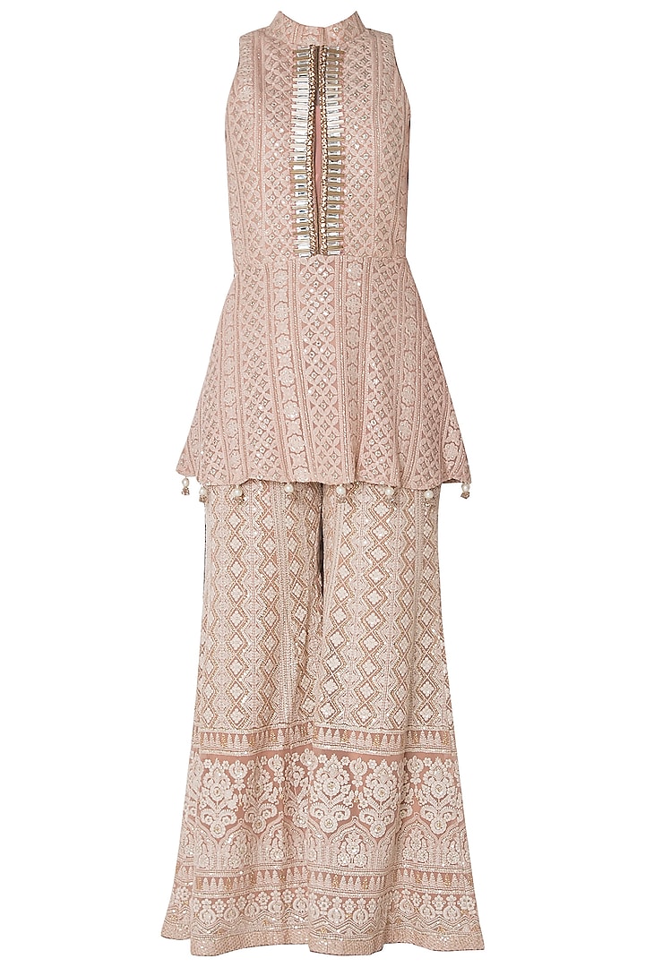 Nude embroidered peplum kurta with pants by SOLE AFFAIR