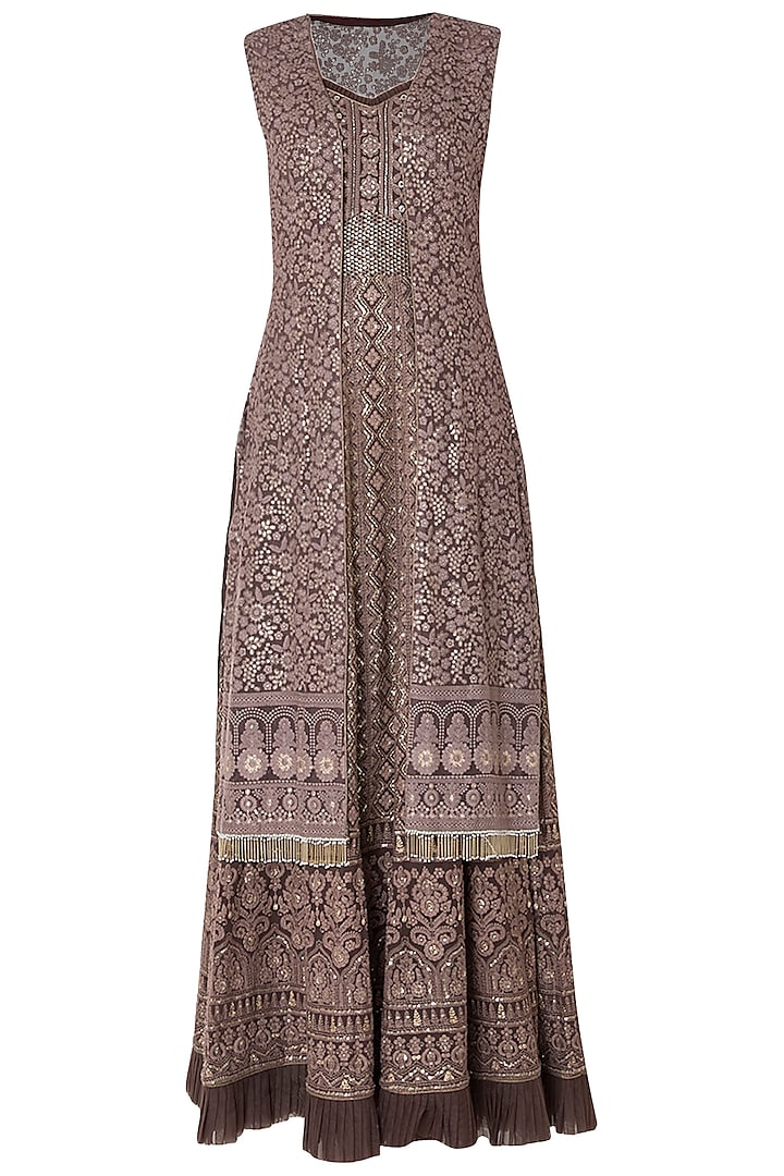 Brown embroidered gown with jacket by SOLE AFFAIR