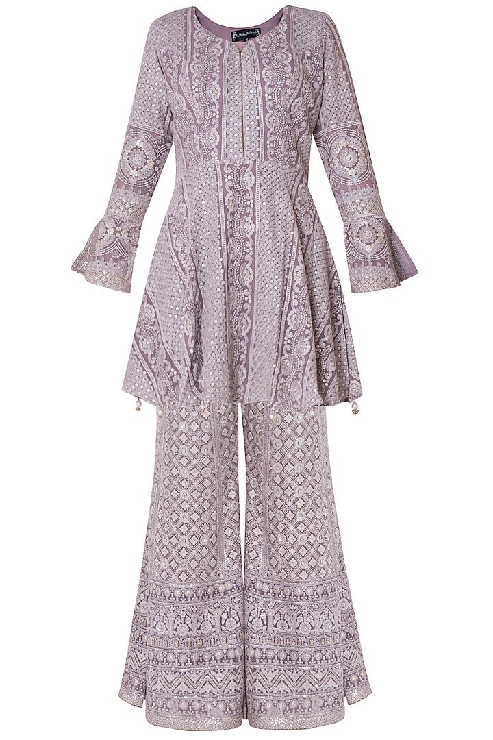Lilac embroidered peplum kurta with pants by SOLE AFFAIR