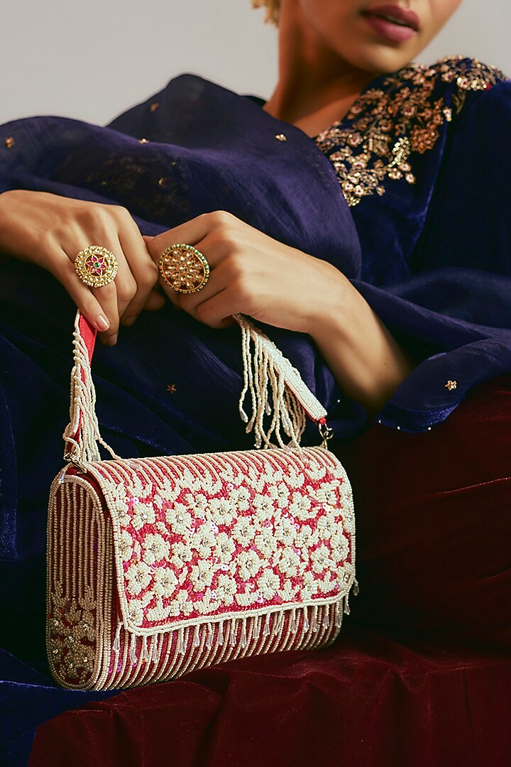 Red Raw Silk Sequins Clutch by Sonnet at Pernia's Pop Up Shop