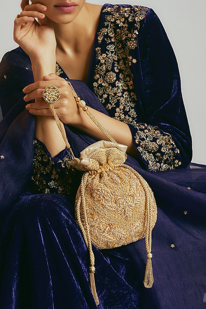 Golden Zardosi Embellished Potli by Sonnet at Pernia's Pop Up Shop