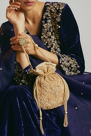 Golden Zardosi Embellished Potli by Sonnet
