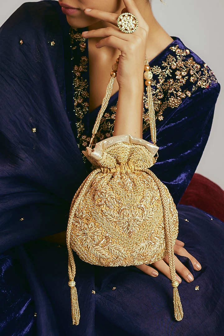 Golden Zardosi Embellished Potli by Sonnet at Pernia's Pop Up Shop