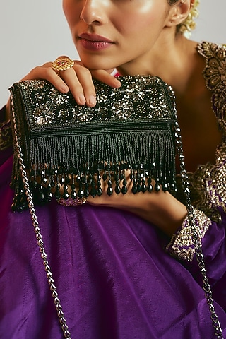 Black Satin Crystal Clutch by Sonnet