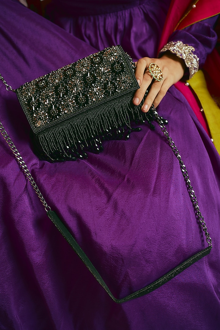 Black Satin Crystal Clutch by Sonnet at Pernia's Pop Up Shop