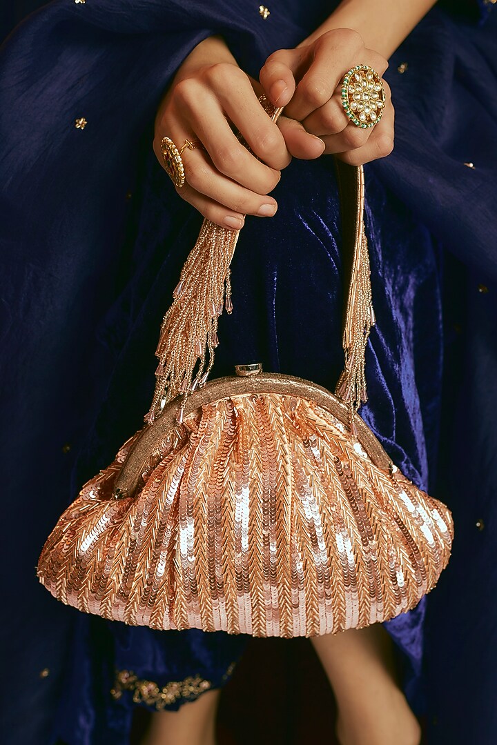 Rose Gold Satin Sequins Clutch by Sonnet at Pernia's Pop Up Shop