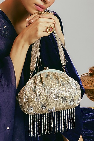 Silver Satin Sequins Clutch by Sonnet