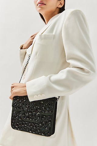 Black Raw Silk Crystal Clutch by Sonnet