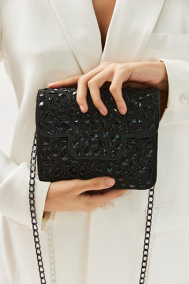 Black Raw Silk Crystal Clutch by Sonnet at Pernia's Pop Up Shop