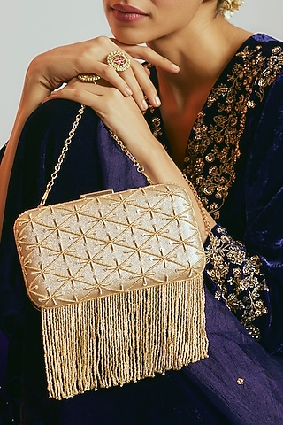 Golden Satin Sequins Clutch by Sonnet