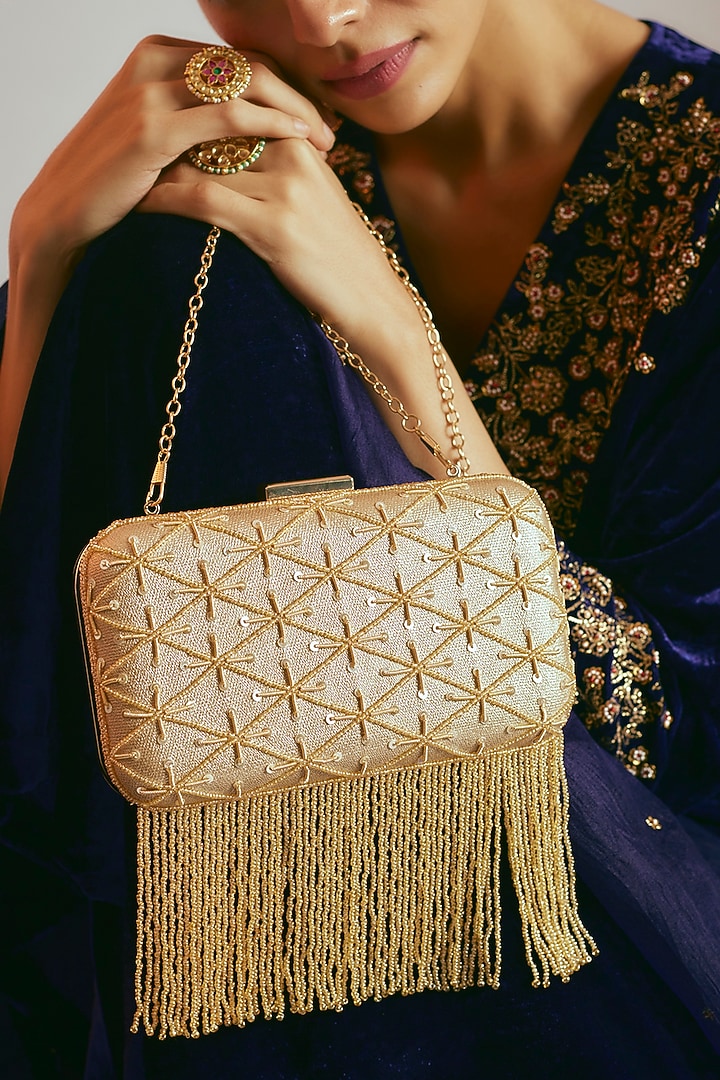 Golden Satin Sequins Clutch by Sonnet at Pernia's Pop Up Shop