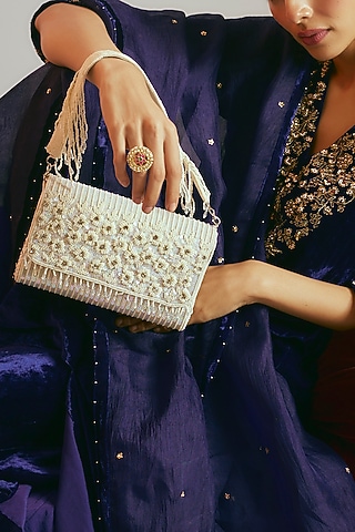 White Sequins & Beaded Clutch by Sonnet