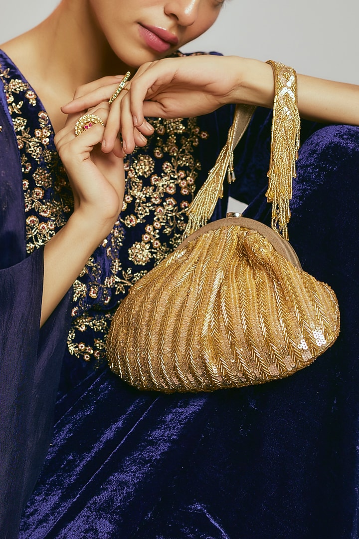 Golden Satin Sequins Clutch by Sonnet at Pernia's Pop Up Shop