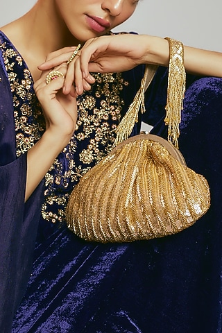 Golden Satin Sequins Clutch by Sonnet