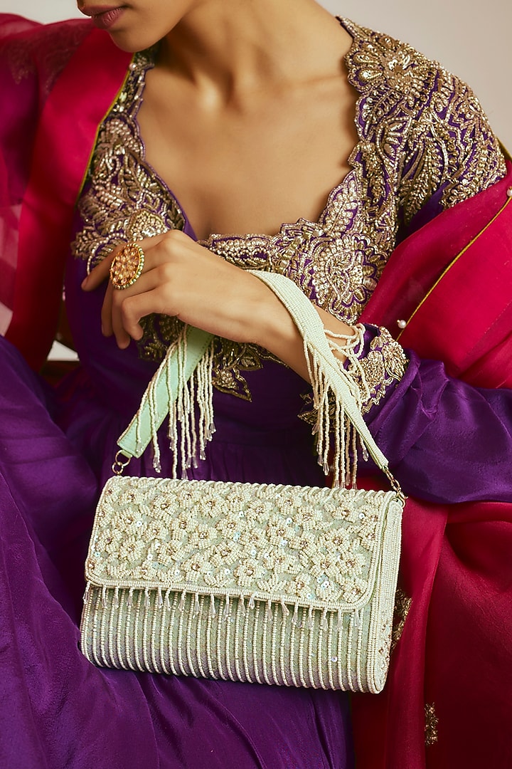 Mint Green Sequins & Beaded Clutch by Sonnet at Pernia's Pop Up Shop