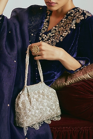 Silver Satin Beaded Clutch by Sonnet