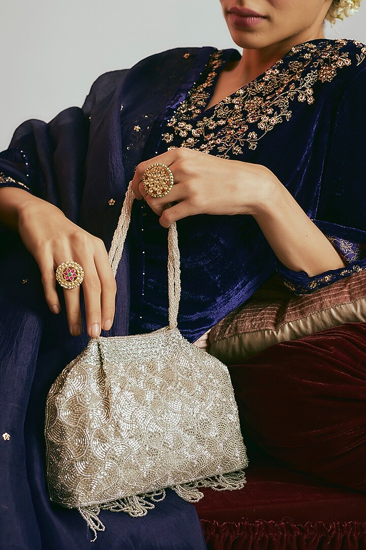 Silver Satin Beaded Clutch by Sonnet at Pernia's Pop Up Shop