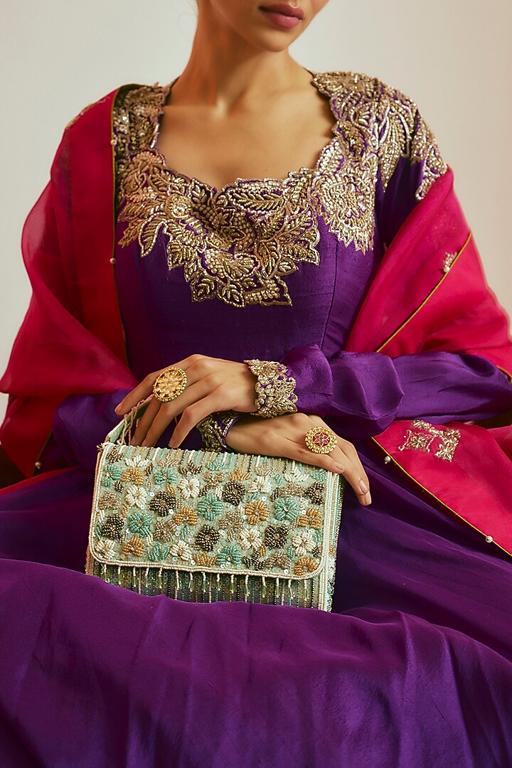 Mint Green Raw Silk Sequins & Beaded Clutch by Sonnet at Pernia's Pop Up Shop