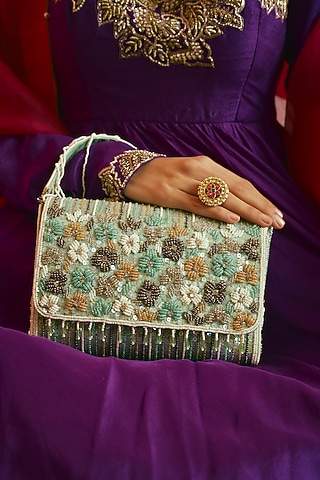 Mint Green Raw Silk Sequins & Beaded Clutch by Sonnet
