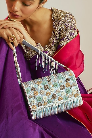 Blue Raw Silk Sequins & Beaded Clutch by Sonnet
