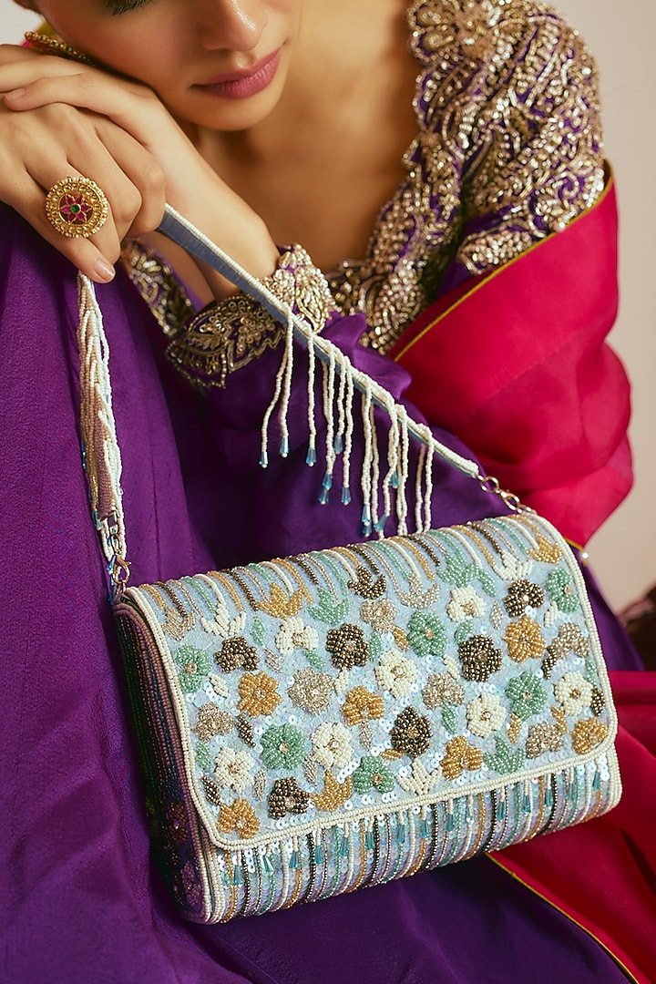 Blue Raw Silk Sequins & Beaded Clutch by Sonnet at Pernia's Pop Up Shop