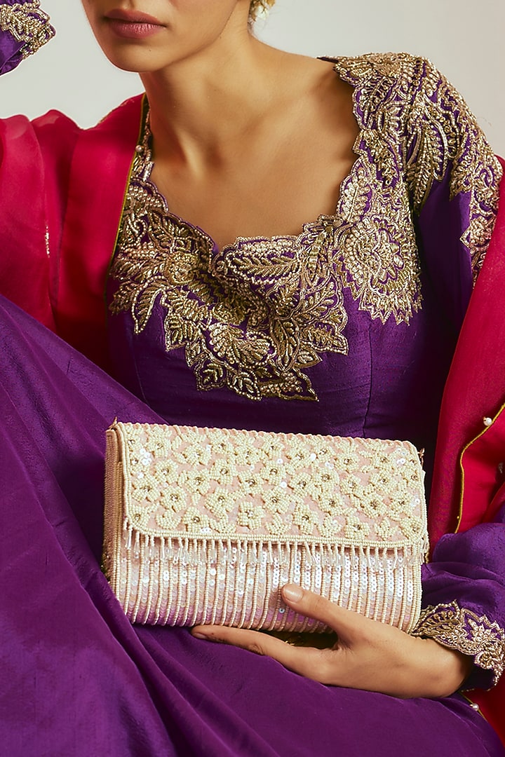 Baby Pink Raw Silk Sequins & Beaded Clutch by Sonnet at Pernia's Pop Up Shop