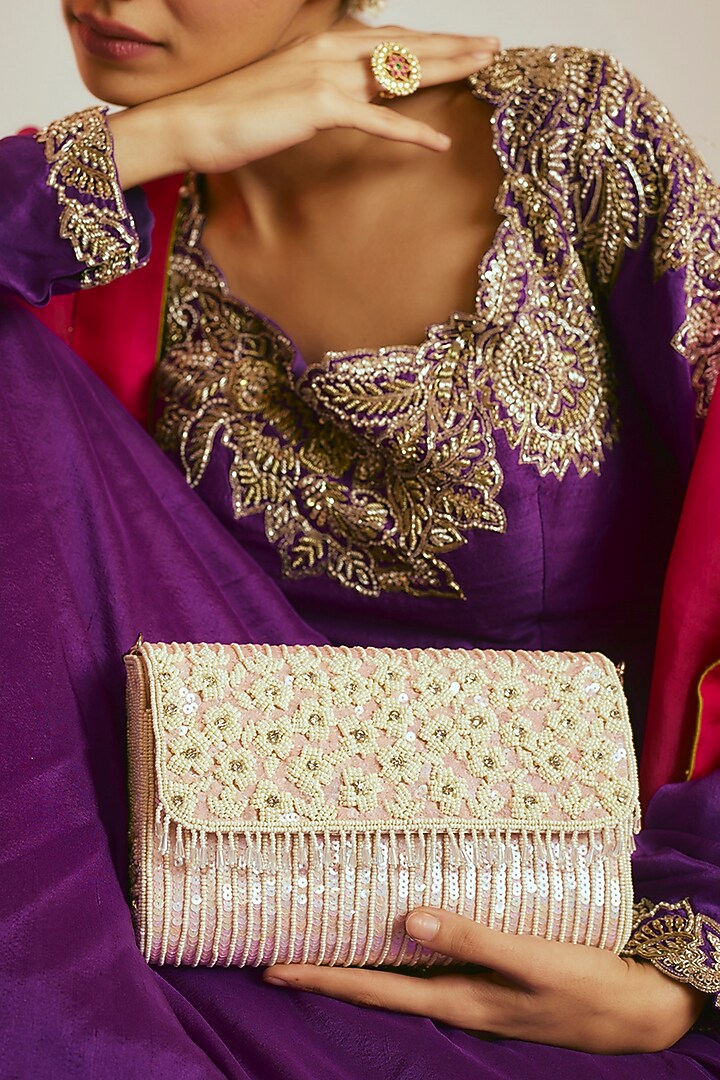 Baby Pink Raw Silk Sequins & Beaded Clutch by Sonnet at Pernia's Pop Up Shop