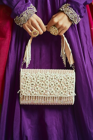 Light Brown Raw Silk Sequins & Beaded Clutch by Sonnet