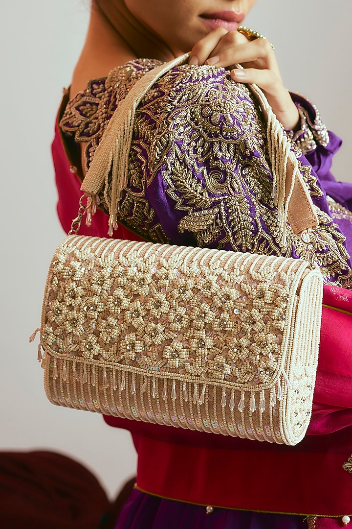 Light Brown Raw Silk Sequins & Beaded Clutch by Sonnet at Pernia's Pop Up Shop